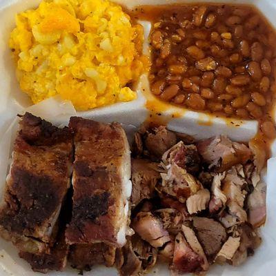 The BBQ combo plate. Two meats and two sides of your choosing. Mac and cheese was very moist.