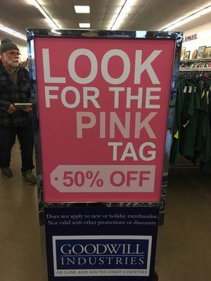 Pink tags today are half off.