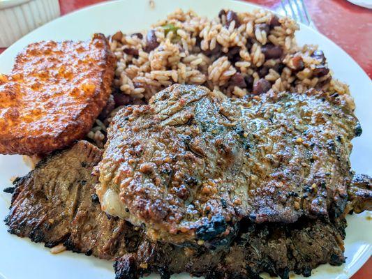 Carne Asada, fried cheese, rice and beans