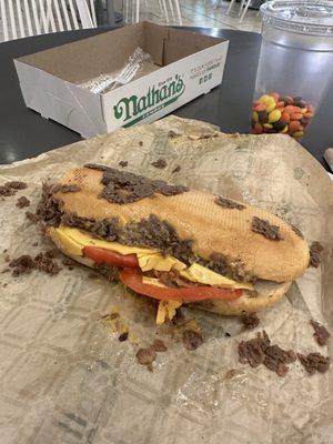 Nathan's cheesesteak.