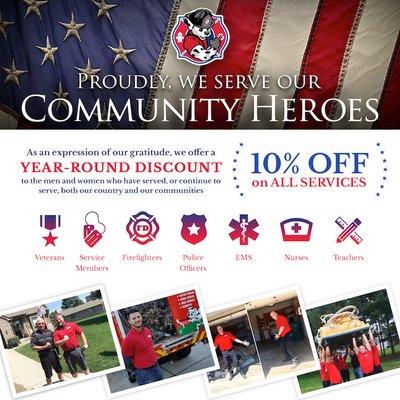 We Always Offer 10% to Veterans, Active Military, Firefighters, Police Officers, EMS, Teacher, and Nurses.