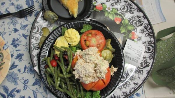 Chicken salad, three bean salad, deviled eggs, and Hanover tomatoes