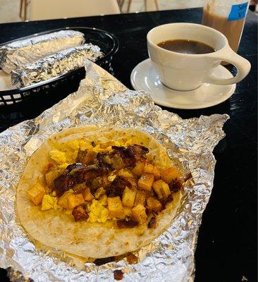 Breakfast tacos and a coffee.