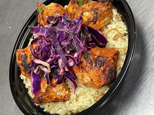 Chicken Kabab Bowl with Rice base and Red Cabbage Salad Topping