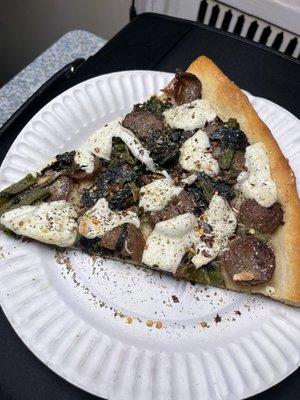 Sausage broccoli rabe mozzarella slice. No sauce.. really really good!!