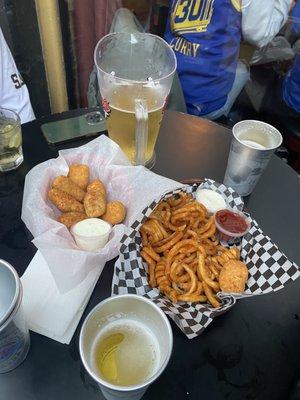 Curly fries and jalapeno poppers!