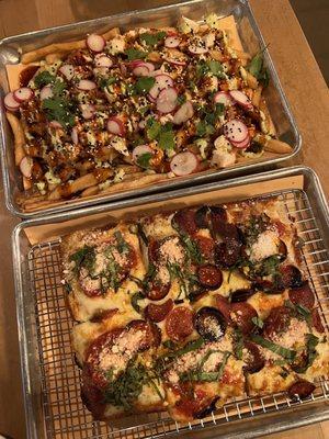 Loaded fries and the pepperoni pizza