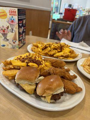 Munchie Mania. Chicken was great, burger sliders meh, and loaded waffle fries not good.