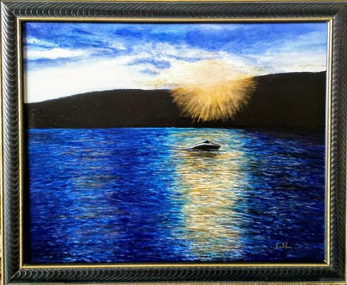 "Docked in the Sunset" 20x16 varnished acrylic painting in a black and gold frame. Metallic gold paint used in this one.