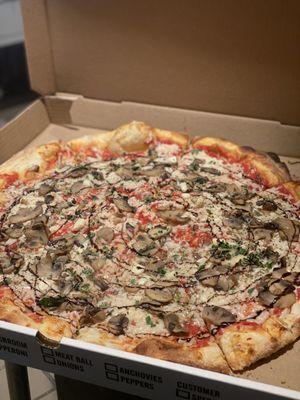 NEW Vegan Pie! Vegan cheese, mushroom, basil, and balsamic glaze