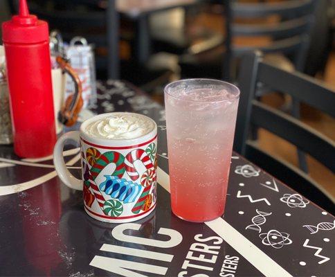 Hot chocolate and Raspberry Lime Rickey