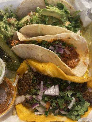 Chicken,birria & fish tacos (ordered w friends and shared so we got one of each) they were all soo good! Chips guac & queso is also fire