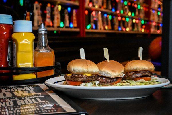 Burger Sliders: house mayo, lettuce, tomato, and cheese on slider roll