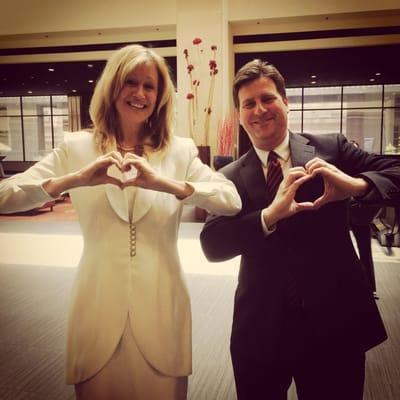 Phoenix Mayor Greg Stanton and SPIES matchmaker extraordinaire Roseann Higgins heart you at Central Phoenix Women luncheon.