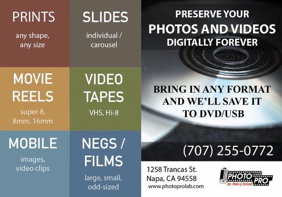 Transfer your memories to digital today! Bring in your old photos & videos and we can transfer them to DVD/USB here. All formats accepted