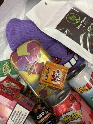 Pokemon Tin Can, Dragon Ball Z anime stuff and drinks, Pet CBD dog treats, disposable & beanies.