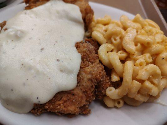 Chicken fried chicken with mac and cheese