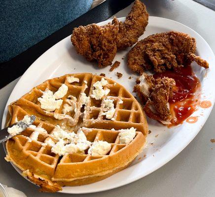 3 Pieces Chicken Strips with Waffle - couldn't wait to dig in!