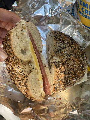 Taylor Ham, Egg, Cheese Sandwich on an everything bagel