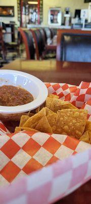 Chips and salsa. I sat near the door and don't recommend that spot because you get wind blown when people come in.