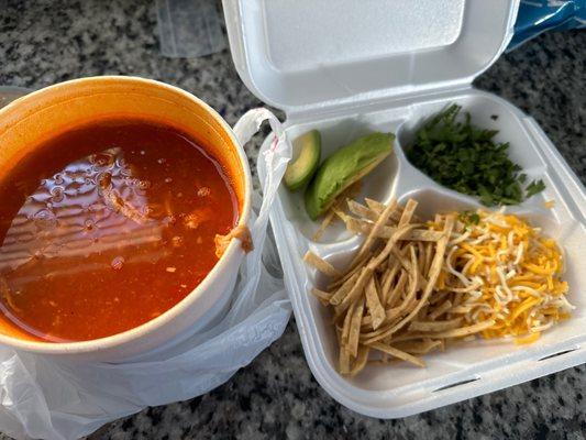 Chicken tortilla soup with all the toppings