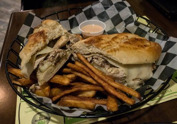 Cubano Chicken Sandwich: Cuban-inspired chicken breast, smoked bacon, Swiss cheese, Dijon mustard, sliced dill, panini pressed.