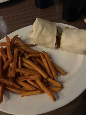 Vodka wrap and sweet potato fries