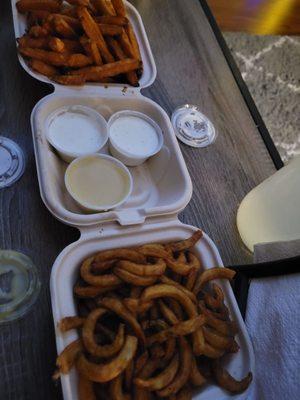 Curly and Sweet Potato fries! Ranch and Honey Mustard