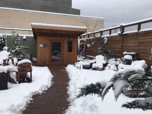 The outdoor cedar sauna at Sacred Rain.