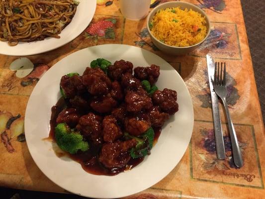 General Tao's Chicken, Fried Rice and House Lo Mien.