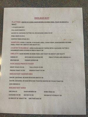 Breakfast menu