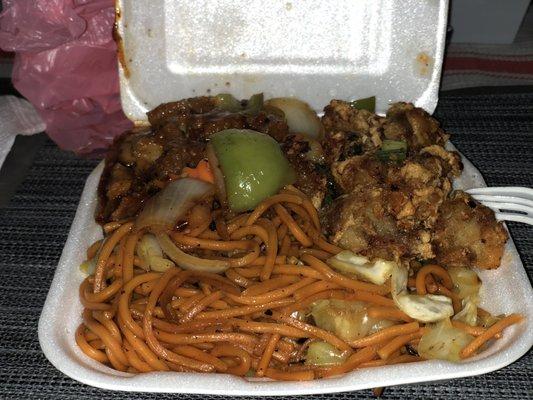 Chow mein with spicy garlic chicken and salt and pepper chicken