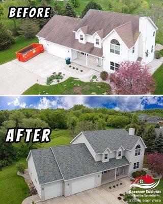 Before and after of a new roof we installed.