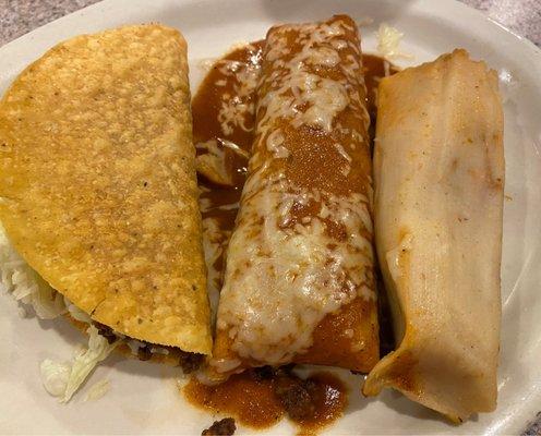 #14 Beef Enchilada, Tamale & Beef Taco