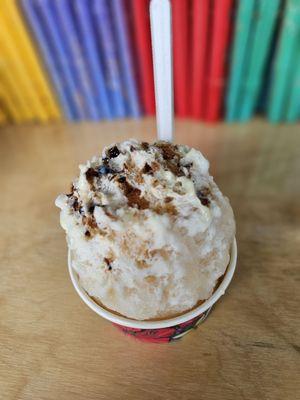 Root Beer Float, Hawaiian shaved ice with ice cream on the bottom and sweet cream on top.