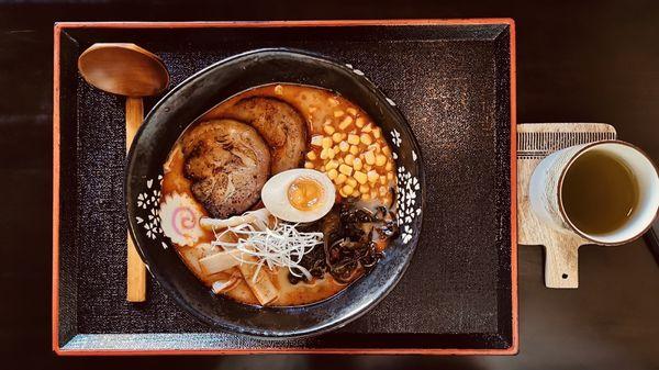 Spicy miso ramen & hot tea