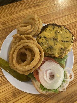 Cheese burger add a party with onion rings