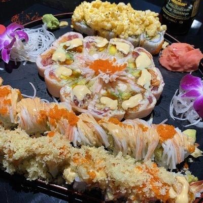 Volcano Specialty Roll, Butterfly Specialty Roll, Hawaii Specialty Roll, and Monster Specialty Roll