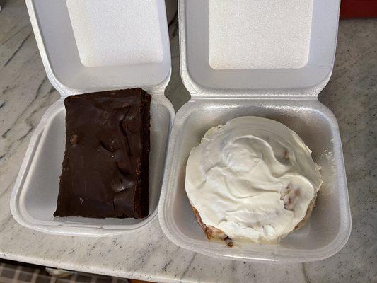 Brownie and cinnamon roll.