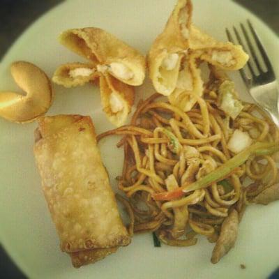 Egg roll, chicken lo mein, crab rangoon, fortune cookie