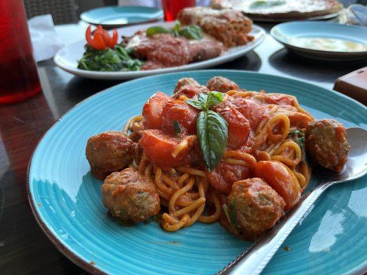 Spaghetti & Meatballs With fresh tomato sauce and baby meatballs.