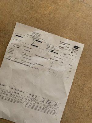 My invoice. $70 for an unnecessary scan. I blocked out my personal information