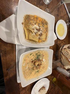 Lunch portions of Lobster Corn Chowder and Butternut Squash Ravioli