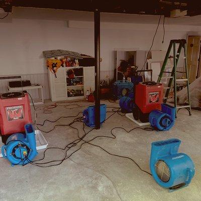 Flooded Garage Dry Out with Dehumidifiers and Air Movers