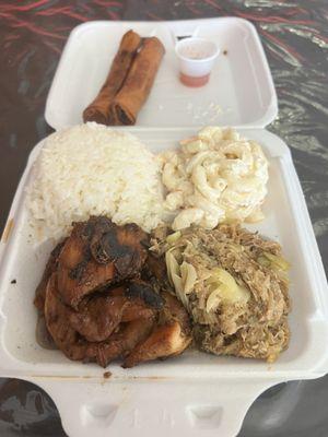 Pupu Plate of BBQ chicken, Kalua pig & cabbage, rice, mac salad, and pork lumpia with sauce