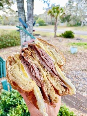 Ham egg and cheese on a croissant