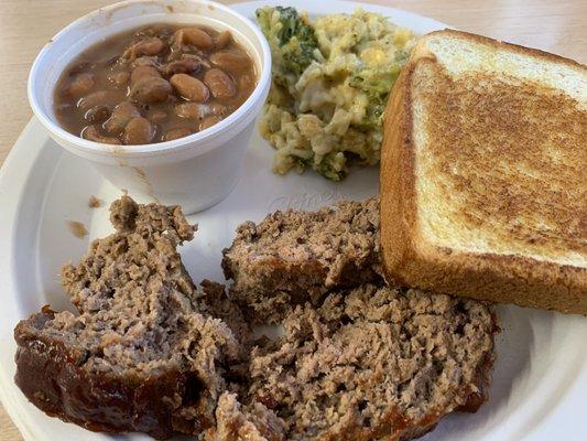 Thursday special: meatloaf (a little dry), pintos, and broccoli & rice casserole (very good) and Texas toast.