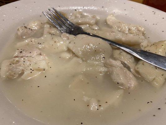 Chicken and Dumplings in Luke warm water.