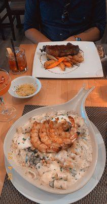 Alfredo with shrimp and dry aged steak