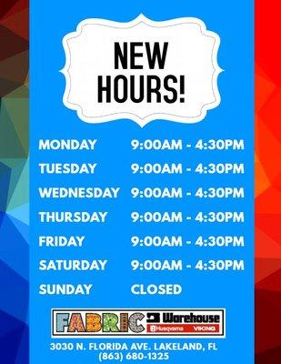 New Business Hours beginning Jan. 1st, 2019